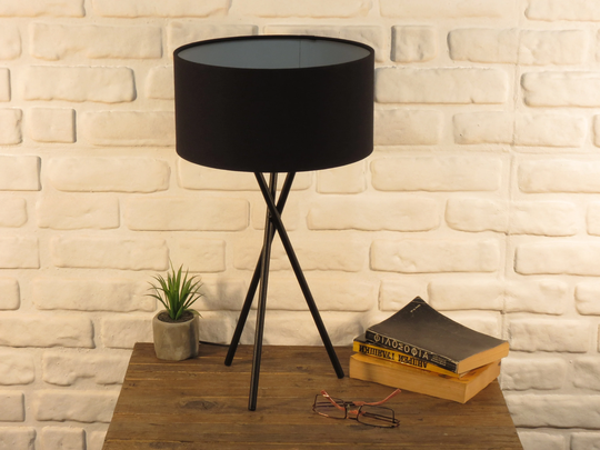 Handmade Table Tripod Lamp With Drum Lampshade Made From Metal & Fabric For Every Home Or Office, Different Colors Of The Lampshades
