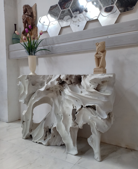 47, 2 Inches Carving Table - Leaves Shape Teak Root Console Rustic Wood Living Room Furniture