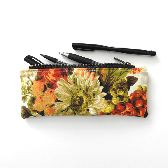 Floral Canvas Pencil Case, Zipper Pouch, Vintage Fabric