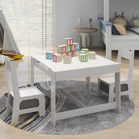 3-in-1 Kids Wood Table and 2 Chairs, Children Activity Table Set with Storage, Blackboard, Double-Sided Table for Drawing