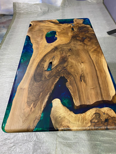 Epoxy Table, Dining Walnut River Custom 67" X 37" Blue, Turquoise, Green Order For Valerie
