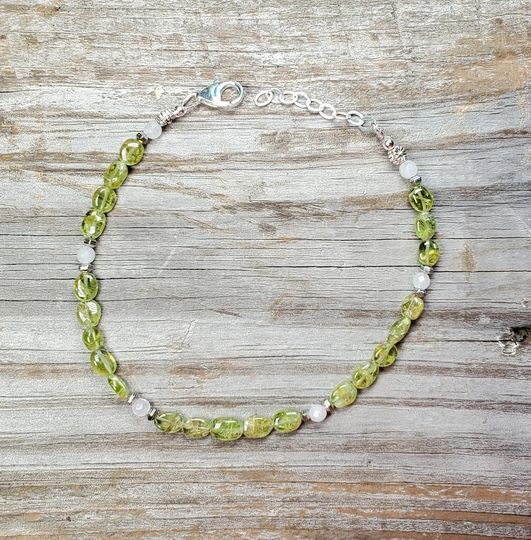 Peridot & Quartz Gemstone Adjustable Anklet, Sterling Silver Lobster Claw Clasp Chain, Multiple Sizes Available