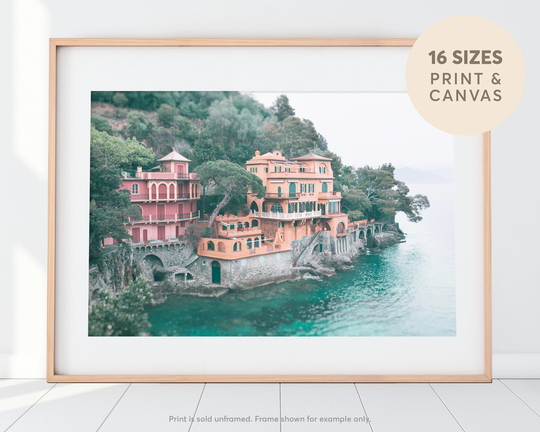 Portofino Italy House, Photography, Pastel Colored Coastal Wall Decor, Ocean Vintage House