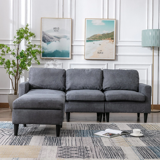 Grey 3-Seat Chenille Sofa with Storage Ottoman for Small Spaces