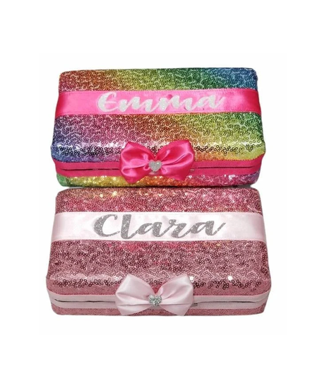 Sparkle Pencil Box Case Makeup Jewelry Holder Personalized Name Sequin Wipes Travel Pink Bow Glitter Girls School Gift Idea Bling