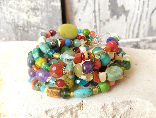 Multi Color Beaded Bracelet. Six Strand Chunky Boho Semi Precious Stone Colorful Jewelry