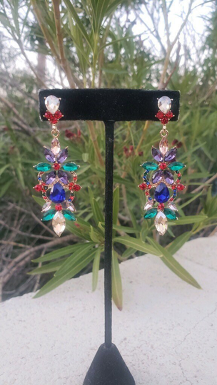Multi Color Rhinestone Earrings, Colorful Red Multi Prom Earrings