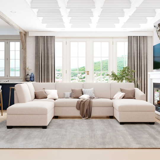 Large U-shape Sectional Sofa, Double Extra Wide Chaise Lounge Couch Polyester Padded 4 Seater Sofa with Removable Cushions
