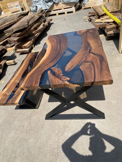 Walnut Dining Table, Live Edge Custom 60" X 36" Smoke Gray Epoxy River Resin Order For Sarah Che 2