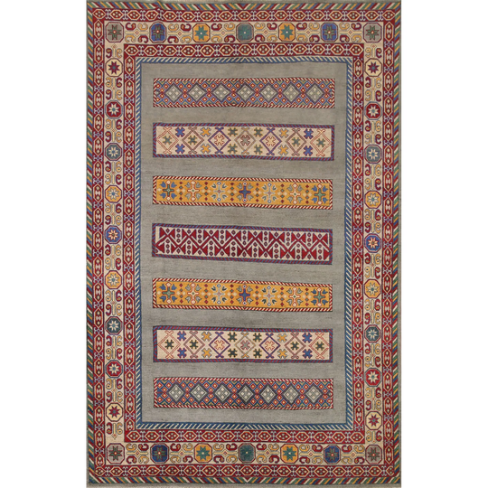 Geometric Multi-Color Kazak Oriental Area Rug Hand-Knotted Wool Carpet - 6'8"x9'7"