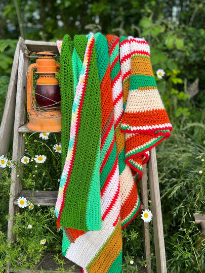 Vintage Crocheted Sofa Throw, Afghan, Handmade Cover, Green & Orange Striped Lap Blanket, Retro Throw