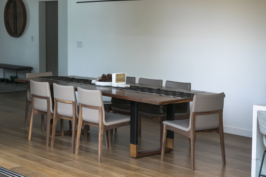 Walnut & Steel Extendable Dining Table, "Floating" Wide-Set Wood-Capped Legs, Custom "Blend' Table | Shipping/Delivery Not Included