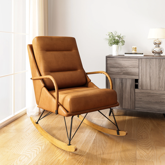 Vedika Rocking Chair PU Leather Upholstered Lounge with Wood Base