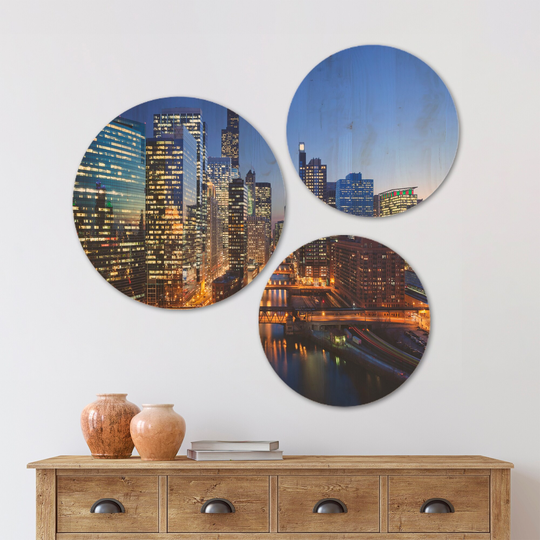 Designart 'Chicago River with Bridges at Sunset' Cityscape Wood Wall Art Set of 3 Circles - Multi-Color