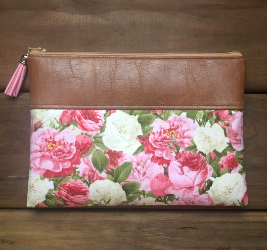 Romantic Rose Bouquet Makeup Bag Zipper Pouch, Vegan Leather Bag, Makeup Bag, Cosmetic Bag, Navy Blue Bridesmaid Gift, Pencil Pouch