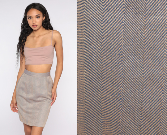 80S Pencil Skirt Herringbone Tight Checkered 1980S Vintage High Waist Wiggle Mini Small 26