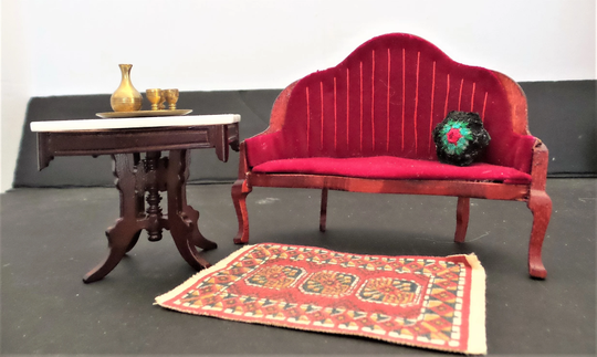 Dollhouse Duncan Phyfe Sofa With Mahogany Marble Top Side Table & Acessories