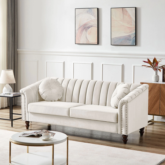 Velvet Upholstered 3 Seat Sofa Couch, Modern Comfortable Tufted Back Sleeper Sofa with Nail Arms and 2 Pillows, Solid Wood Legs