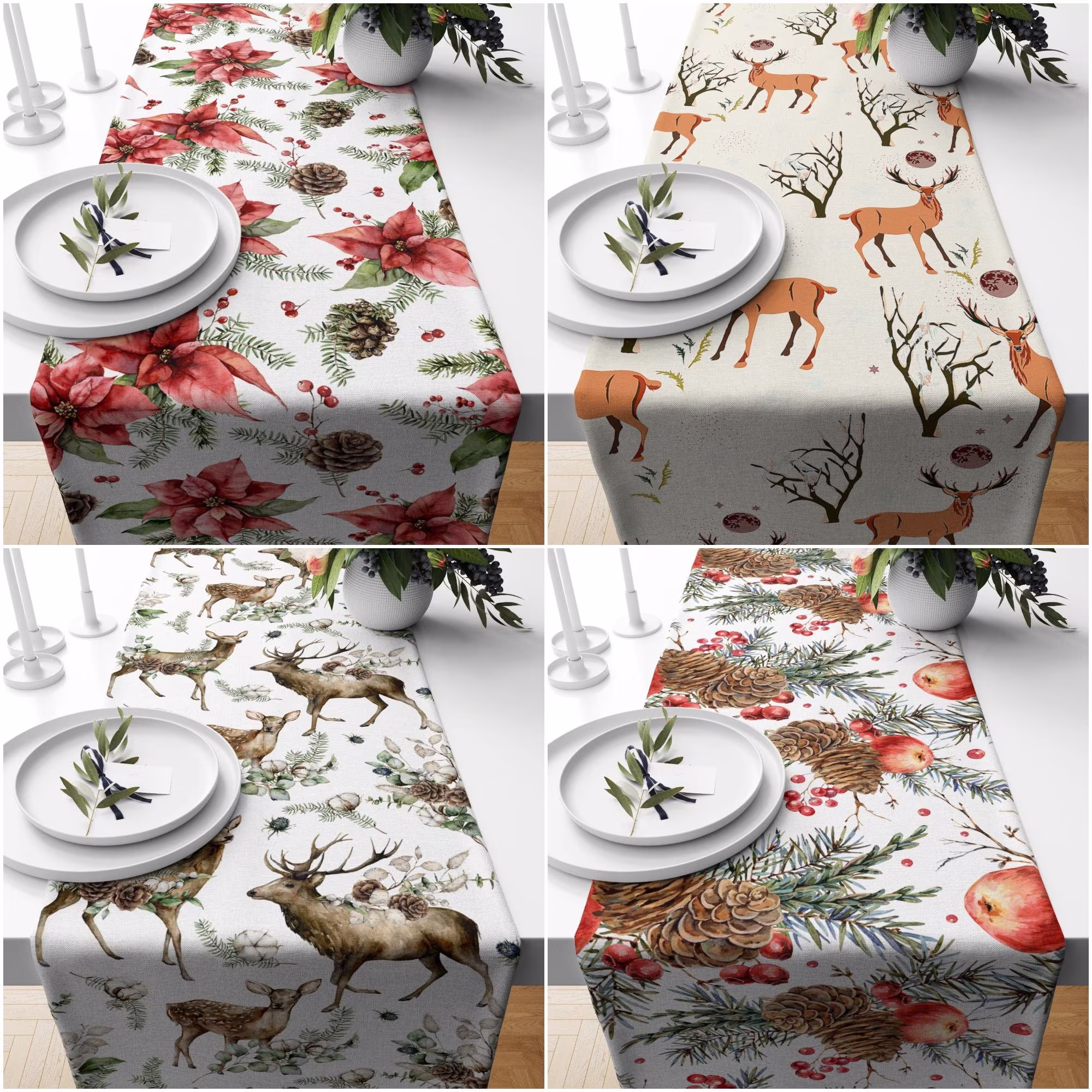 Christmas Table Runner|Winter Trend Dinner Runner|xmas Deer Home Decor|Floral Pine Cone & Needle Decor|Cute Tablecloth