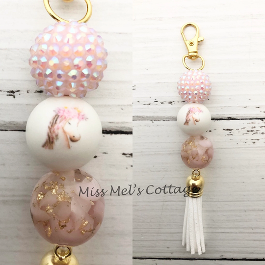 Horse/Beaded/Charm/Zipper/Bag/Purse/Backpack/Charm/Keychain/Planner/Backpack/Pencil Pouch/Chunky Beads/White/Pony/Princess/Gift