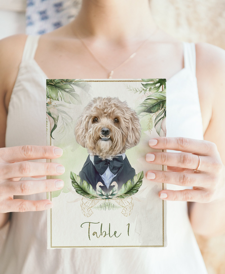 Tropical Wedding | Table Numbers, With Your Pet Illustration, Decor, Palm Leaves Decor