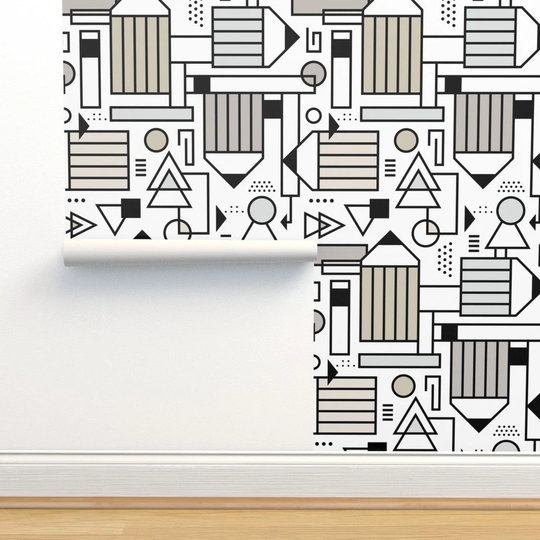 Bauhaus Wallpaper - Pencil For The Soul Geometric Neutral By Roochita Jumbo White Removable Self Adhesive Roll By Spoonflower