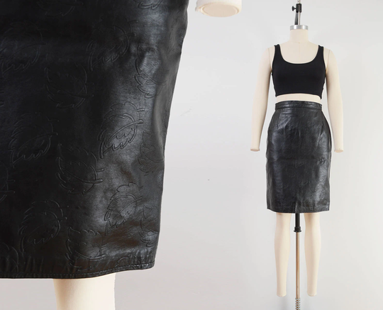 Black Leather Skirt | 80S Vintage Leaf Embossed Pencil Size Xs