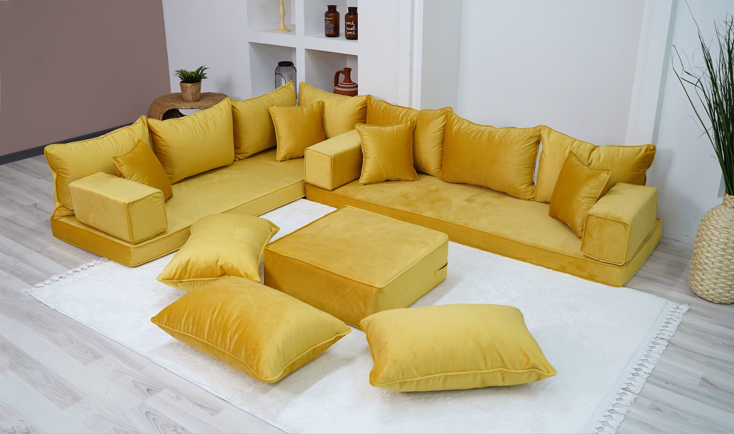 Custom Size Cushions, L Shaped Velvet Yellow Color Floor Seating, Couch, Japanese Sofa, Pallet Moroccan Decor, Loveseat