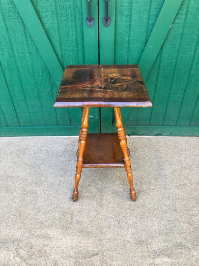 Side Table, Hand Turned Legs, Artist Painting Lithograph, Artful Design