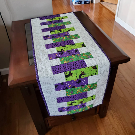 Quilted Halloween Table Runner, October Topper, Handmade Fall Decor, Coffee Centerpiece, Spiders, Witch, Candy Corn, 40"x14"