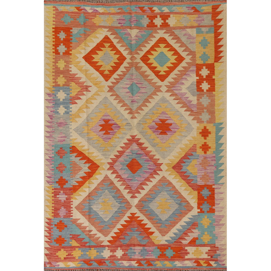 Reversible Kilim Area Rug Hand-woven Multi-Color Wool Carpet - 5'0" x 6'9"