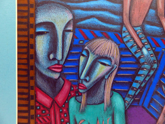 Vintage Colorful Abstract Modernist Colored Pencil Oil Pastel Of Couples Fishing Signed Vaughan