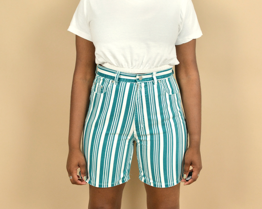 Green & White Size 28 90S Striped Vintage Denim Shorts