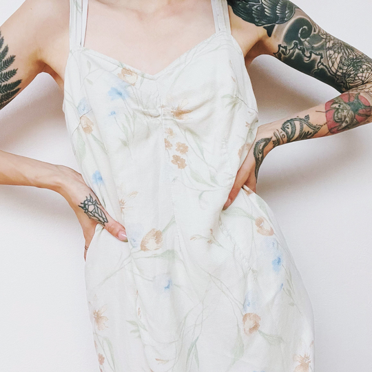 Vintage Womens Floral Midi Dress | Pencil Boho Summer Sleeveless Beige Size 36