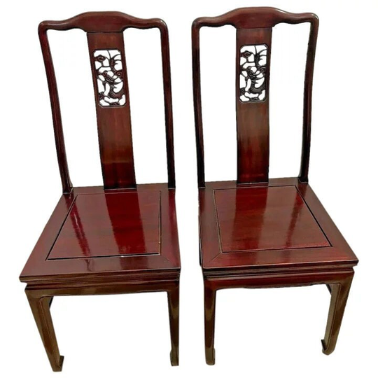 Vintage Side Chairs Asian Theme Dragon Carved Back Solid Mahogany Set Of Two