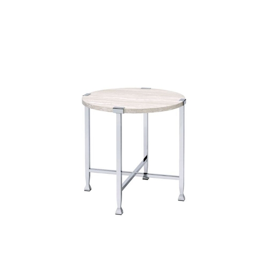 Coffee Table, White Oak &Chrome Round End Table NO Storage Wooden Top, Metal Frame Leg with X-Shape Support Wooden Top