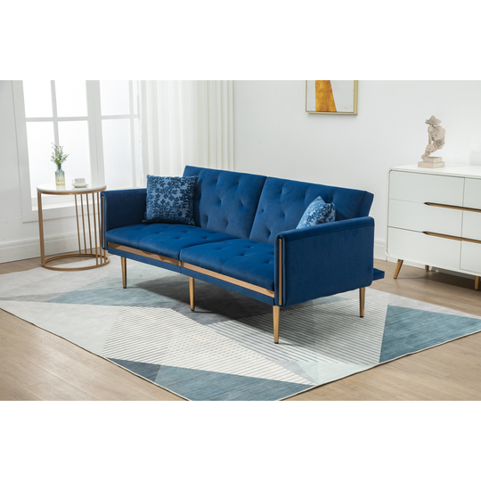 Modern Chesterfield curved tufted velvet sofa with curly arms and gold metal legs