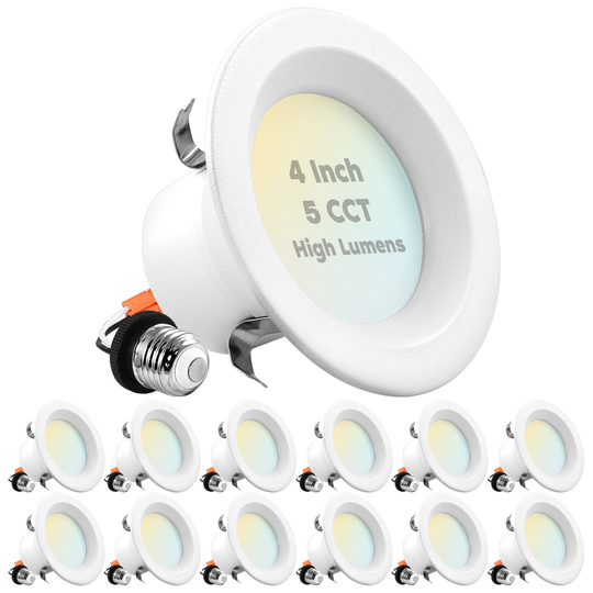 Luxrite 12-Pack 4" LED Recessed Lights, 14W=75W, 5 Color Options, 950 Lumens, Dimmable, Wet Rated, ETL Listed