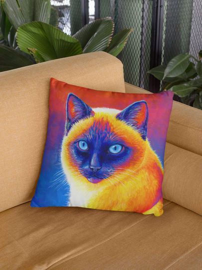 Colorful Rainbow Cute Siamese Cat Polyester Square Throw Pillow