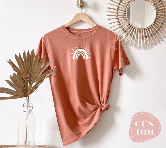 Minimal Rainbow Comfort Colors Tshirt, Boho Style Sun Shirt, Logo Unisex Retro