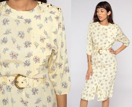 Yellow Floral Dress 80S Secretary Midi Belted Pencil Wiggle High Waisted Vintage Long Sleeve Pastel Structured Small 4