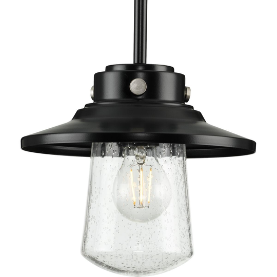 Tremont Collection 1-Light Matte Black Clear Seeded Glass Farmhouse Mini-Pendant Hanging Light - 9 in x 9 in x 8 in
