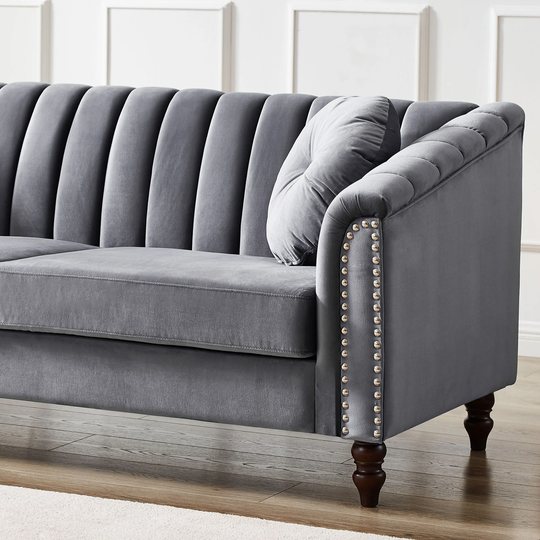 Modern Velvet Upholstered Sofa Couch, 3 Seat Tufted Back with Nail Arms and 2 pillows, Sleeper Sofa Folding Futon Sofa Bed