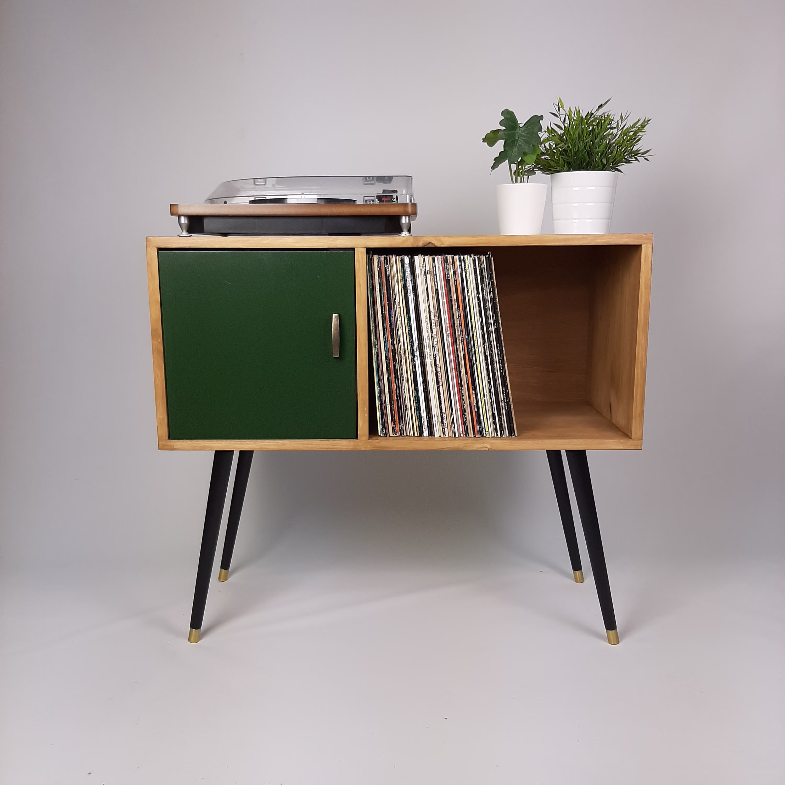 Oak Console Table | Green Door & Original Vintage Brass Handle Vinyl Record Storage Credenza
