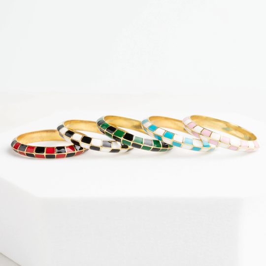 Colorful Enamel Checkered Ring For Women, 14K Solid Gold Everyday, Simple Summer, Graduation Gift Daughter