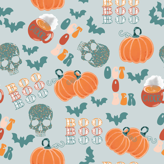Light October Jumble Fabric By The Yard | Boo Halloween Skulls Bats Pumpkins Cider Autumn Fall Custom