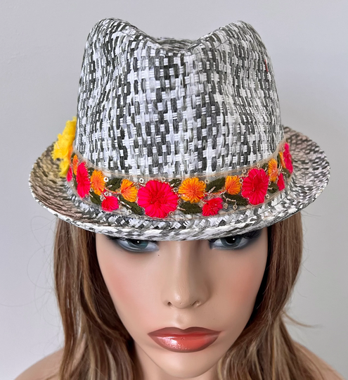 Women's Gray & White Tweed Straw Fedora Hat With Colorful Floral Handband Bright Yellow Flower Accent Size 22" Up To 23" Ready Ship