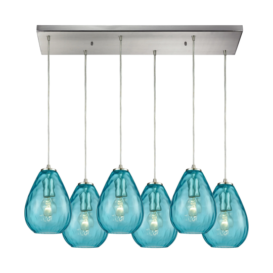 Lagoon 6-Light Rectangular Pendant Fixture in Satin Nickel with Aqua Water Glass