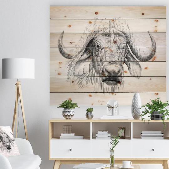 Designart 'Pencil Bufallo Sketch in Black and White' Animals Print on Natural Pine Wood - White