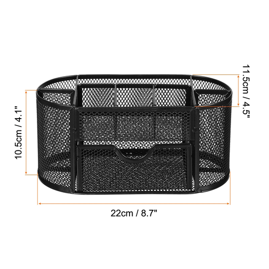 Pen Holder Metal Oval Pencil Cup Desk Organizer 8 Compartment 1 Drawer